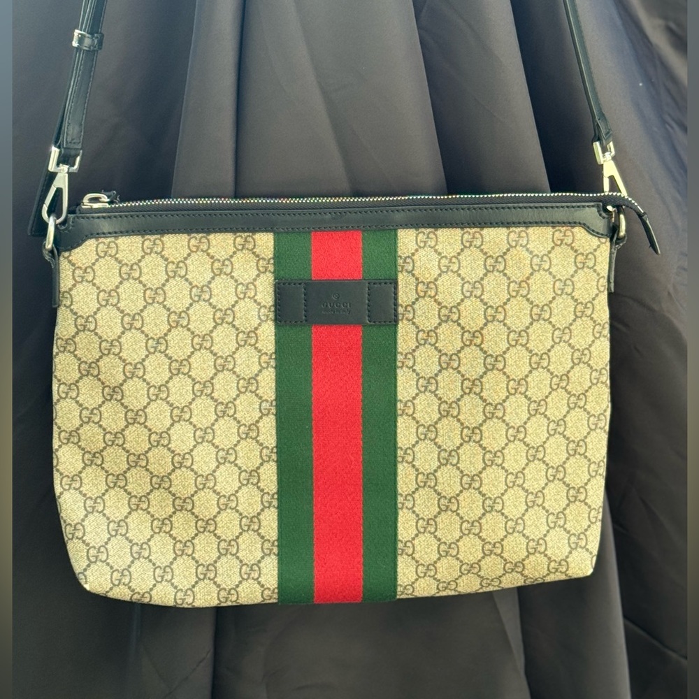 Gucci Beige GG Supreme Crossbody with Red and Green Web Stripe - Picture 7 of 8